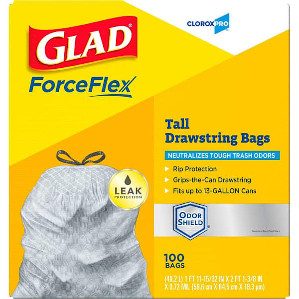 Glad Trash Bag, 13 Gal. Forceflex, Cloroxpro, Low Density, Grey, 100/Case