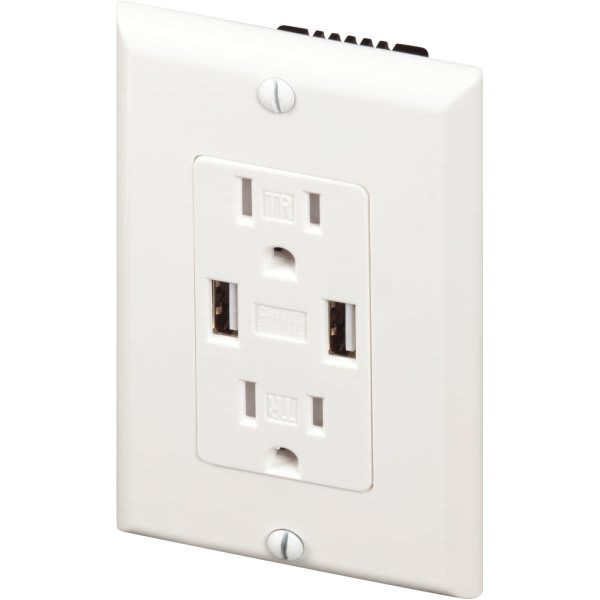 Maintenance Warehouse 15 Amp 125-Volt Tamper-Resistant Duplex Receptacle, Dual Usb-A Ports And Wall Plate In White