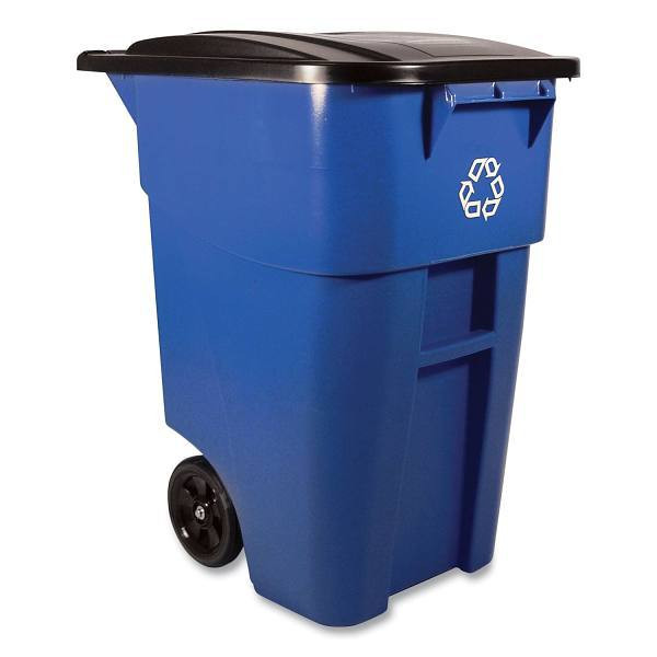 Square BRUTE Recycling Rollout Container, 50 Gal, Plastic, Blue