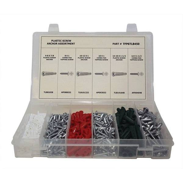 Conical Plastic Anchors With Screws Assortment, Plastic Tray, 450 Pcs