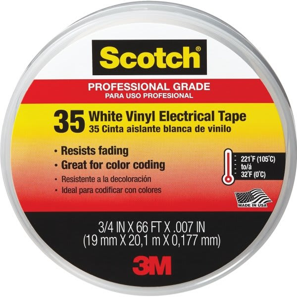 Scotch Electrical Tape, White, 0.75 X 66 Foot