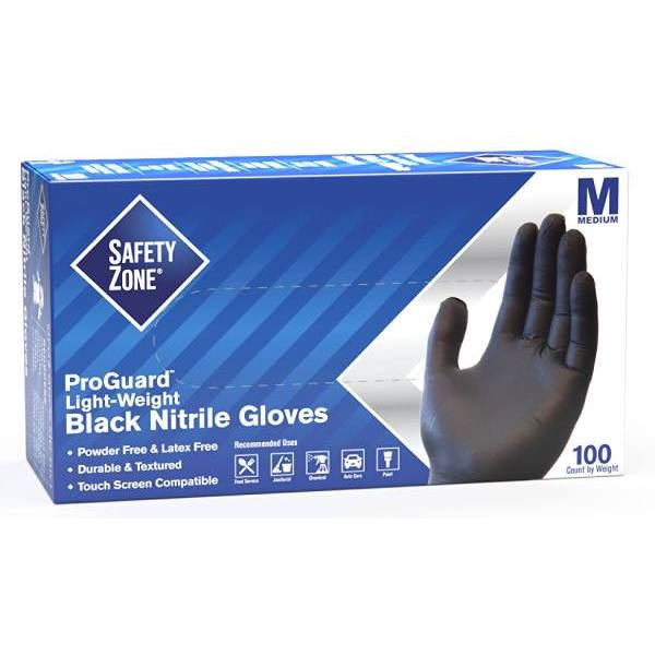 The Safety Zone Powder-Free Nitrile Dsple Gloves, Medium, Black, Package Of 100