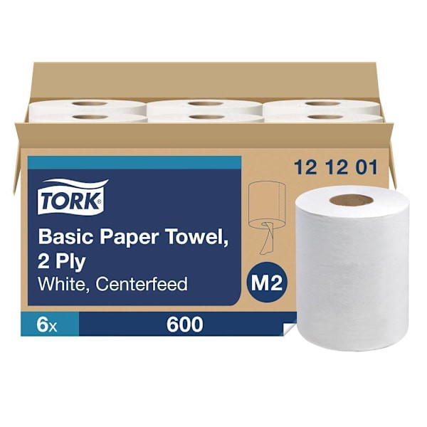 Tork Centerfeed Paper Wiper, High Absorbency, White, M2 (6 Rolls X 600 Sheets)