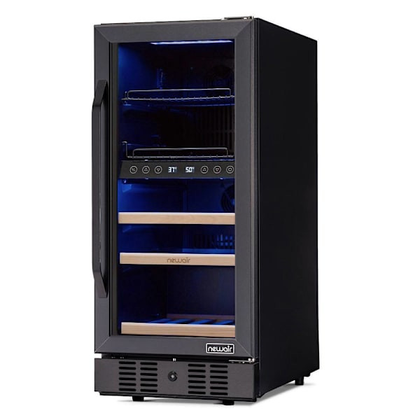 NewAir 15 Inch Wine And Beverage Refrigerator - 13 Bottles & 48 Cans Capacity With Dual Temperature Zone Wine Cooler, Black Stainless Steel