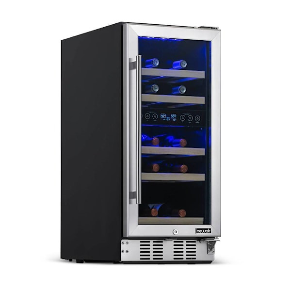 NewAir 15" Built-In 29 Bottle Dual Zone Compressor Wine Fridge, Quiet Operation With Beech Wood Shelves And Recessed Kickplate