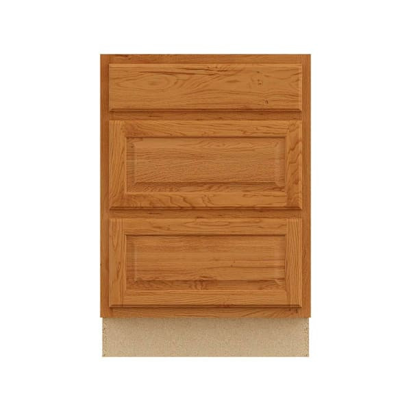Hampton Bay 24in. W X 34.5in. H X 24in. D Hampton Raised Panel Drawer Base Cabinet With 3 Drawers, Medium Oak
