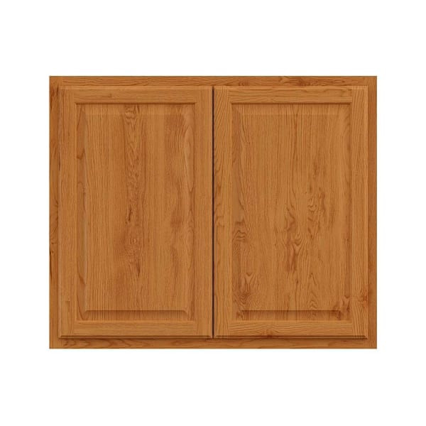 Hampton Bay 36in. W X 30in. H X 12in. D Hampton Raised Panel Assembled Wall Cabinet, Medium Oak