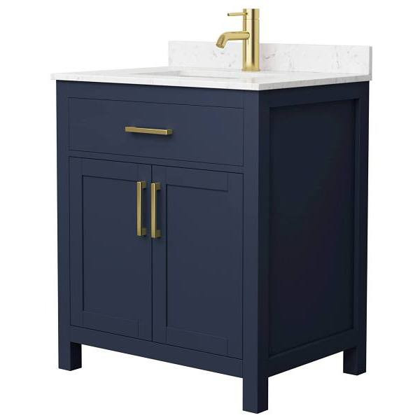 Wyndham Beckett 30" Dark Blue Single Vanity, Carrara Marble Top, Gold Trim