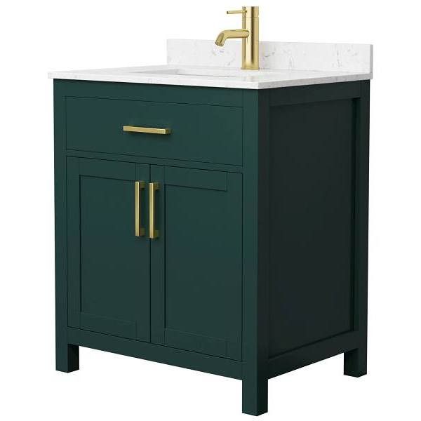 Wyndham Beckett 30" Green Single Vanity, Carrara Marble Top, Gold Trim