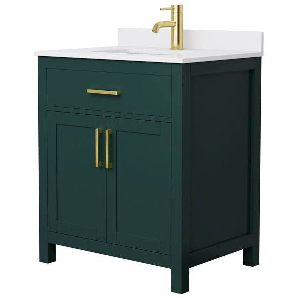 Wyndham Beckett 30" Green Single Vanity, White Marble Top, Gold Trim