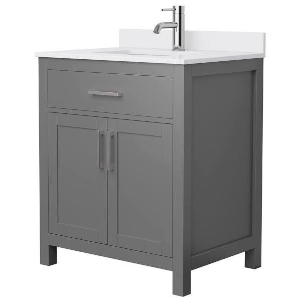 Wyndham Beckett 30" Dark Gray Single Vanity, White Marble Top, Nickel Trim