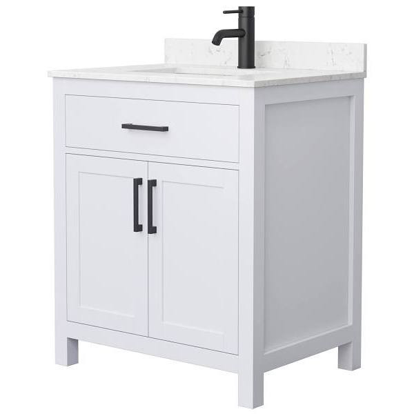 Wyndham Beckett 30" White Single Vanity, Carrara Marble Top, Black Trim