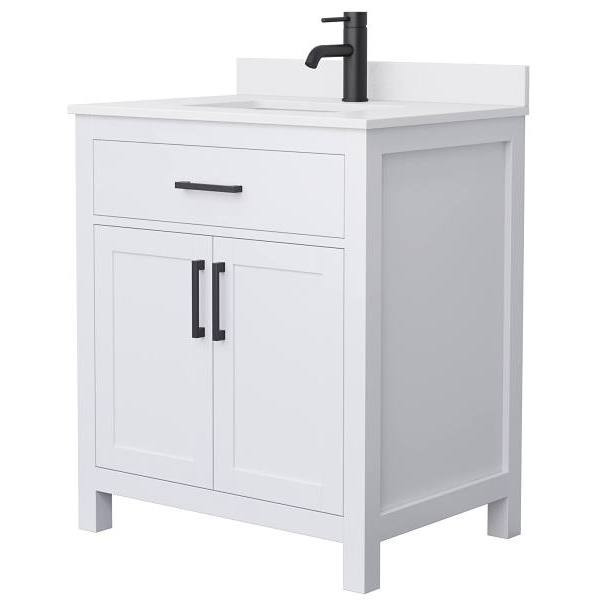 Wyndham Beckett 30" White Single Vanity, White Marble Top, Black Trim