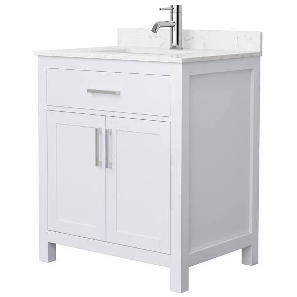 Wyndham Beckett 30" White Single Vanity, Carrara Marble Top, Nickel Trim