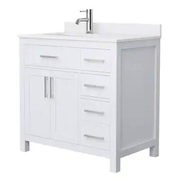 Wyndham Beckett 36" White Single Vanity, White Marble Top, Nickel Trim