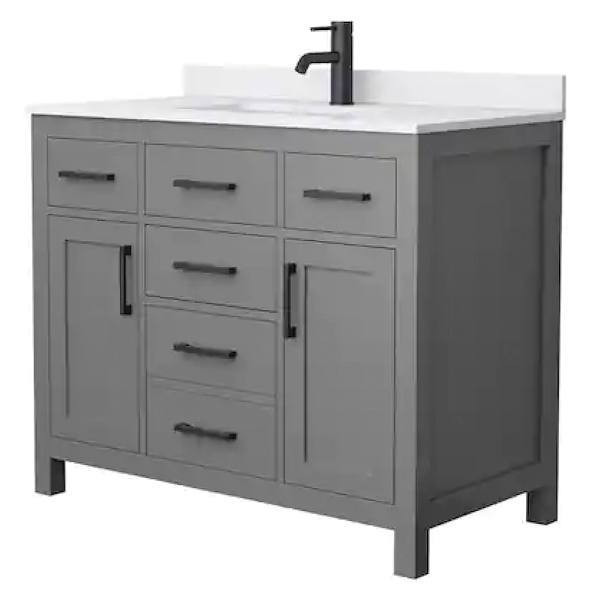 Wyndham Beckett 42" Dark Gray Single Vanity, White Marble Top, Black Trim