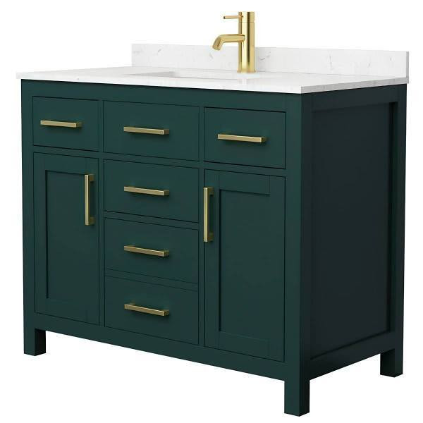 Wyndham Beckett 42" Green Single Vanity, Carrara Marble Top, Gold Trim