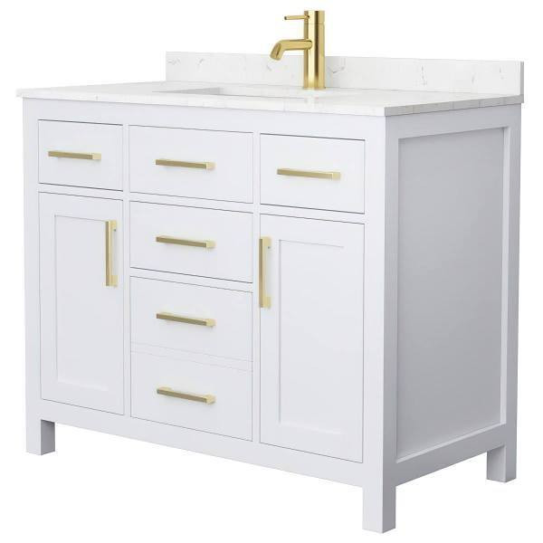 Wyndham Beckett 42" White Single Vanity, Carrara Marble Top, Gold Trim