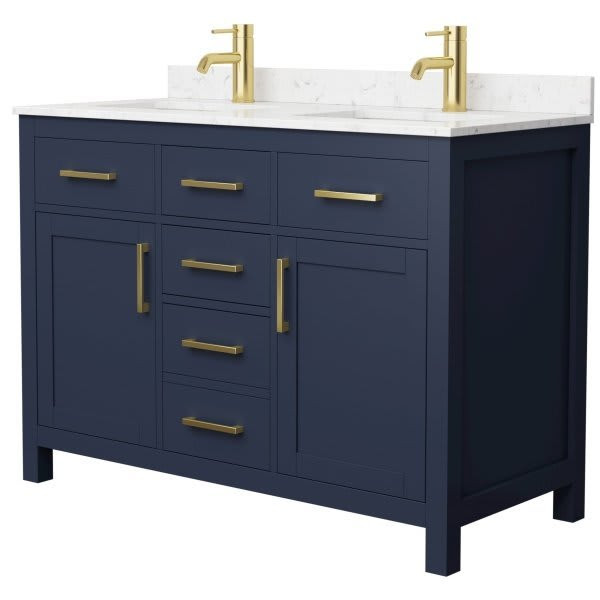 Wyndham Beckett 48" Dark Blue Double Vanity, Carrara Marble Top, Gold Trim