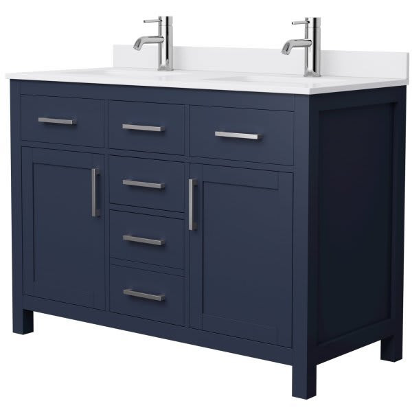 Wyndham Beckett 48" Dark Blue Double Vanity, White Marble Top, Nickel Trim