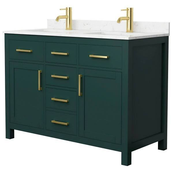 Wyndham Beckett 48" Green Double Vanity, Carrara Marble Top, Gold Trim