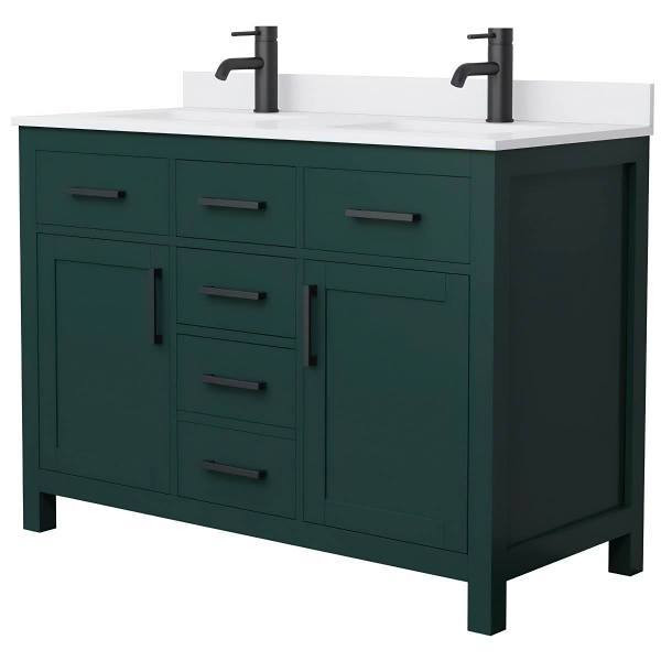 Wyndham Beckett 48" Green Double Vanity, White Marble Top, Black Trim