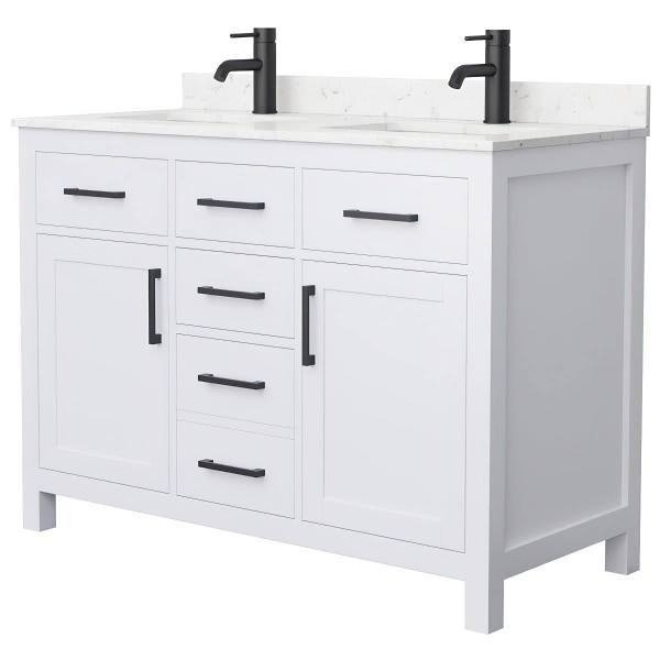 Wyndham Beckett 48" White Double Vanity, Carrara Marble Top, Black Trim