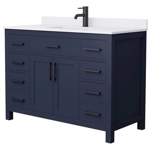 Wyndham Beckett 48" Dark Blue Single Vanity, White Marble Top, Black Trim