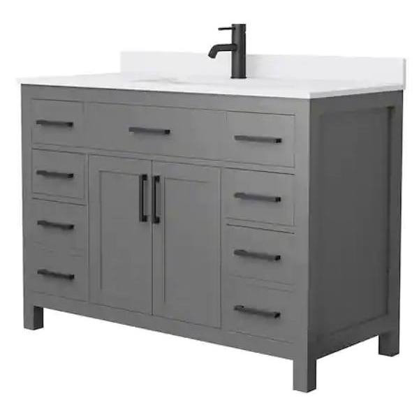 Wyndham Beckett 48" Dark Gray Single Vanity, White Marble Top, Black Trim