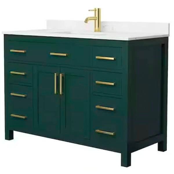 Wyndham Beckett 48" Green Single Vanity, Carrara Marble Top, Gold Trim
