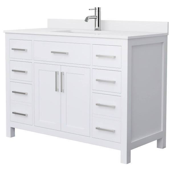 Wyndham Beckett 48" White Single Vanity, White Marble Top, Nickel Trim