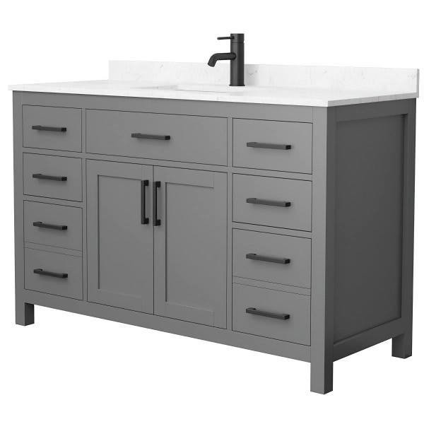 Wyndham Beckett 54" Dark Gray Single Vanity, Carrara Marble Top, Black Trim