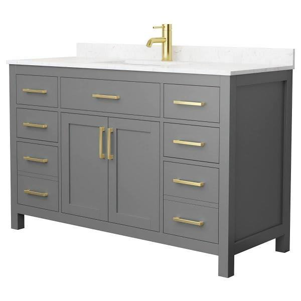 Wyndham Beckett 54" Dark Gray Single Vanity, Carrara Marble Top, Gold Trim