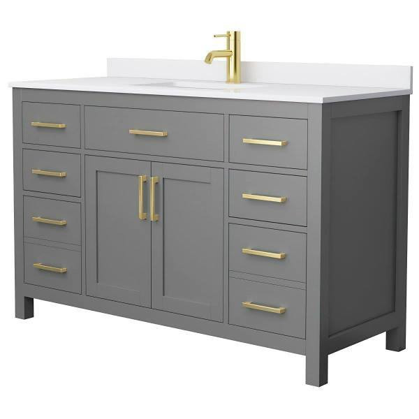 Wyndham Beckett 54" Dark Gray Single Vanity, White Marble Top, Gold Trim