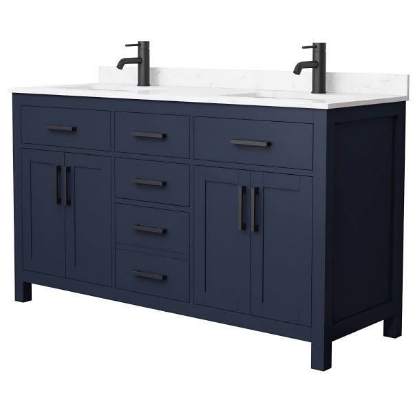 Wyndham Beckett 60" Dark Blue Double Vanity, Carrara Marble Top, Black Trim