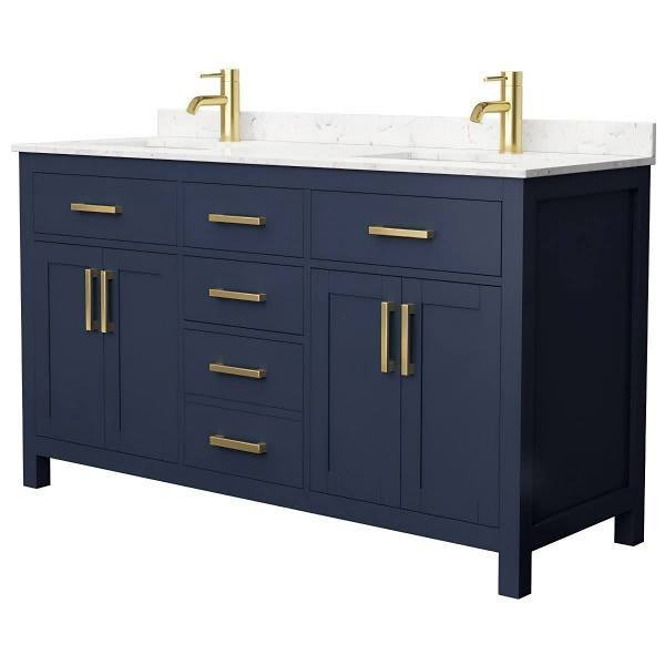 Wyndham Beckett 60" Dark Blue Double Vanity, Carrara Marble Top
