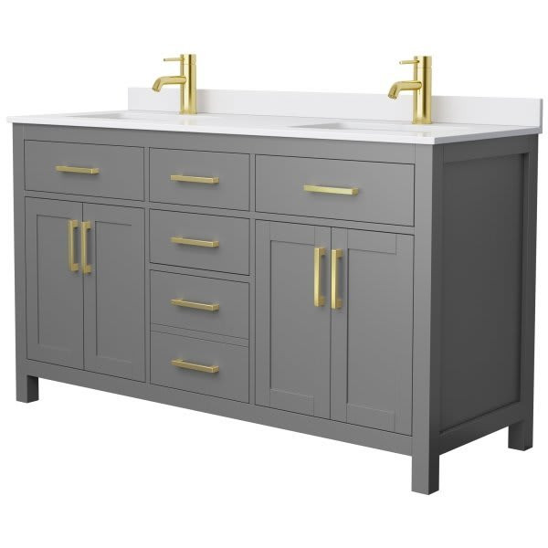 Wyndham Beckett 60" Dark Gray Double Vanity, White Marble Top, Gold Trim