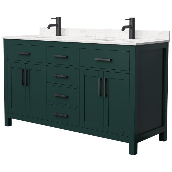 Wyndham Beckett 60" Green Double Vanity, Carrara Marble Top, Black Trim