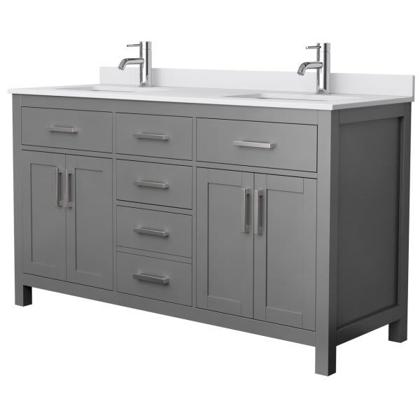 Wyndham Beckett 60" Dark Gray Double Vanity, White Marble Top