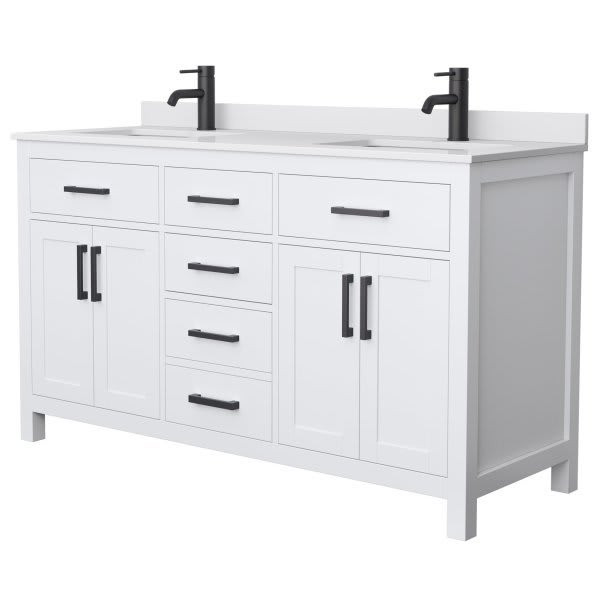 Wyndham Beckett 60" White Double Vanity, White Marble Top, Black Trim