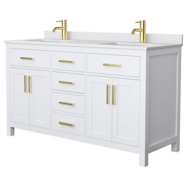 Wyndham Beckett 60" White Double Vanity, White Marble Top, Gold Trim