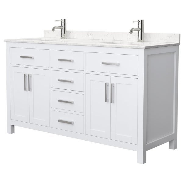 Wyndham Beckett 60" White Double Vanity, Carrara Marble Top