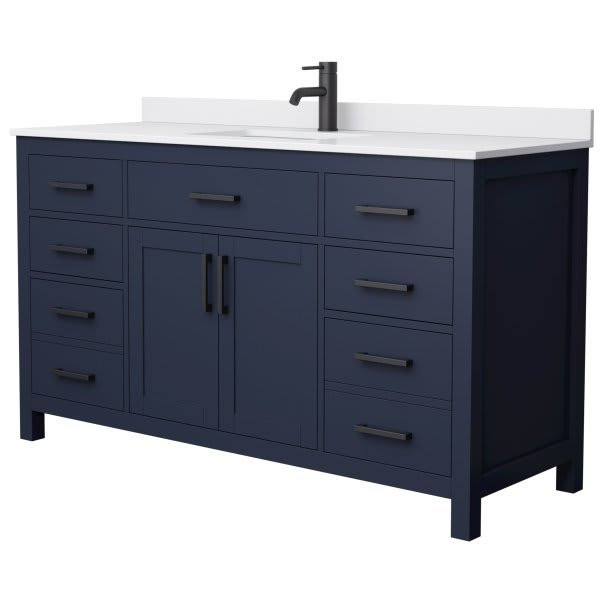 Wyndham Beckett 60" Dark Blue Single Vanity, White Marble Top, Black Trim