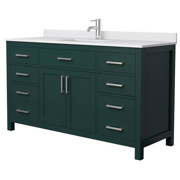 Wyndham Beckett 60" Green Single Vanity, White Marble Top, Nickel Trim
