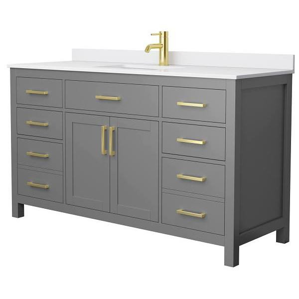 Wyndham Beckett 60" Dark Gray Single Vanity, White Marble Top, Gold Trim