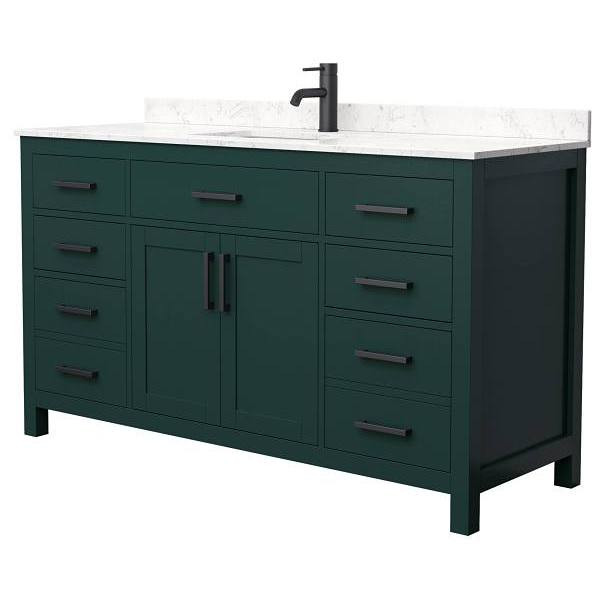 Wyndham Beckett 60" Green Single Vanity, Carrara Marble Top, Black Trim