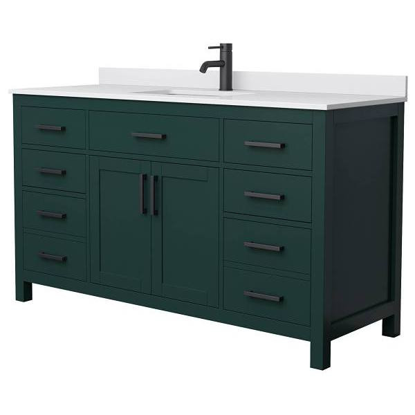 Wyndham Beckett 60" Green Single Vanity, White Marble Top, Black Trim