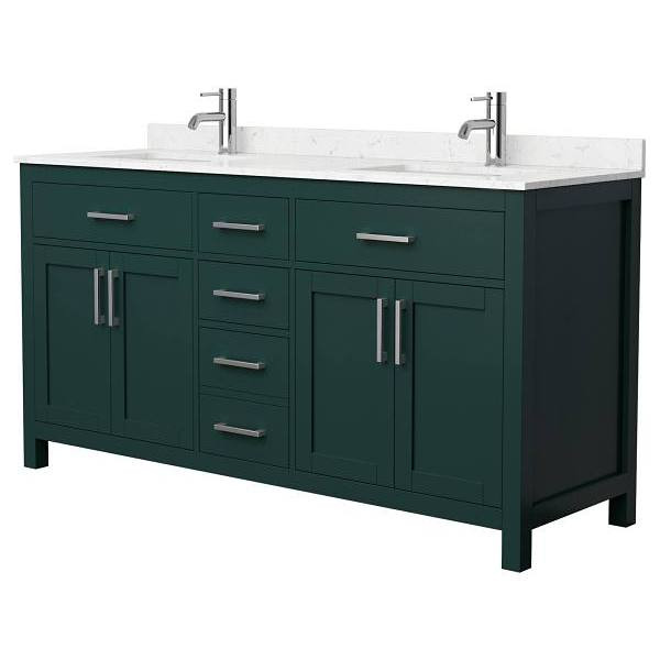 Wyndham Beckett 66" Green Double Vanity, Carrara Marble Top, Nickel Trim