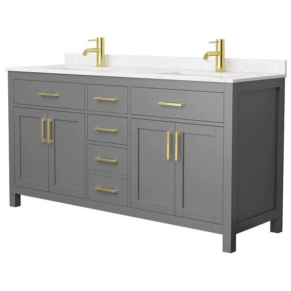 Wyndham Beckett 66" Dark Gray Double Vanity, Carrara Marble Top, Gold Trim