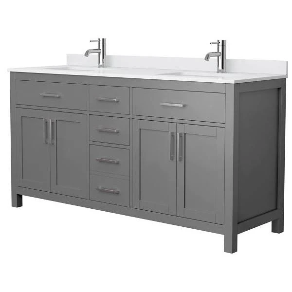 Wyndham Beckett 66" Dark Gray Double Vanity, White Marble Top